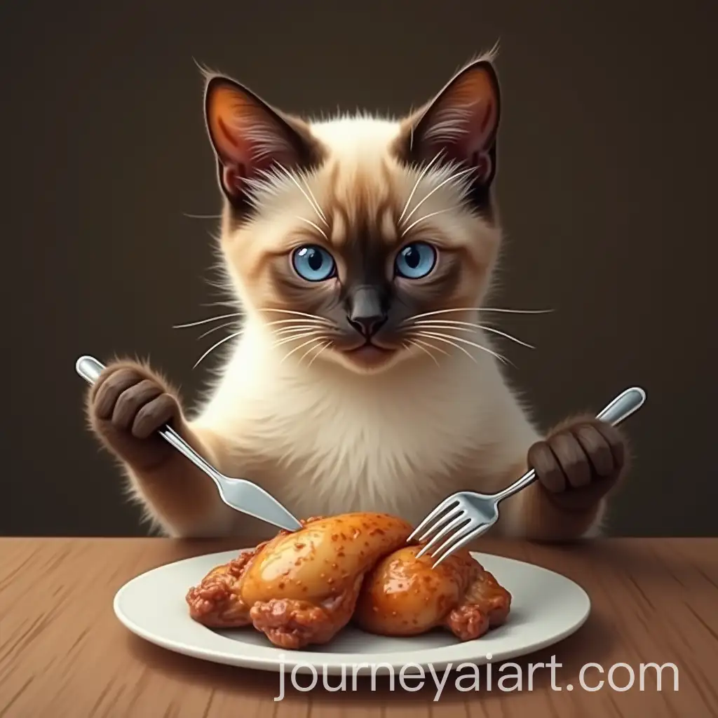 Siamese-Cat-Eating-Roast-Chicken-at-Table