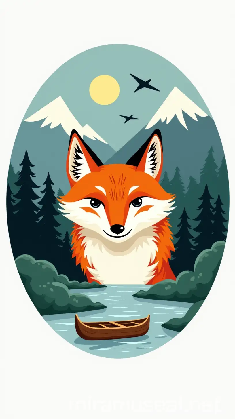 Stylized Fox Head in Mountain Landscape with Moonlit Sky and Floating Raft