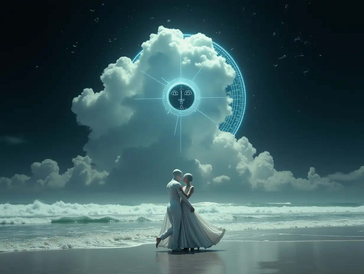 Realistic image of a white humanoid couple with a porthole face mirrored in the reflection of a cloud, they are dancing a waltz entwined and are dressed in a Greco-Roman outfit, on a beach with immense waves, dark black sky, white clouds and luminous blue grid with inscriptions in the sky, strange, fantastical, dark