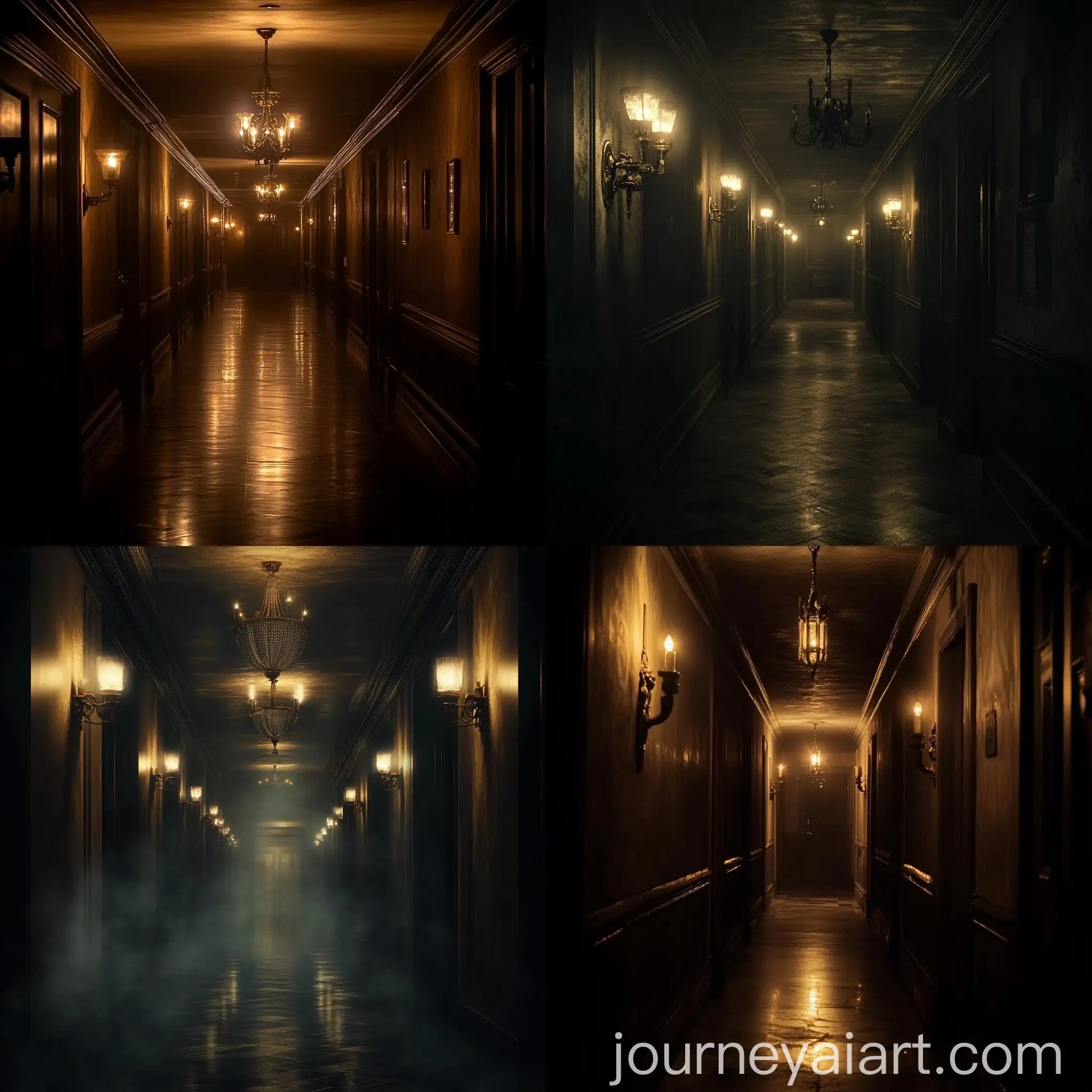 1920s-Dark-Hallway-with-Extinguished-Lights-and-Chandeliers