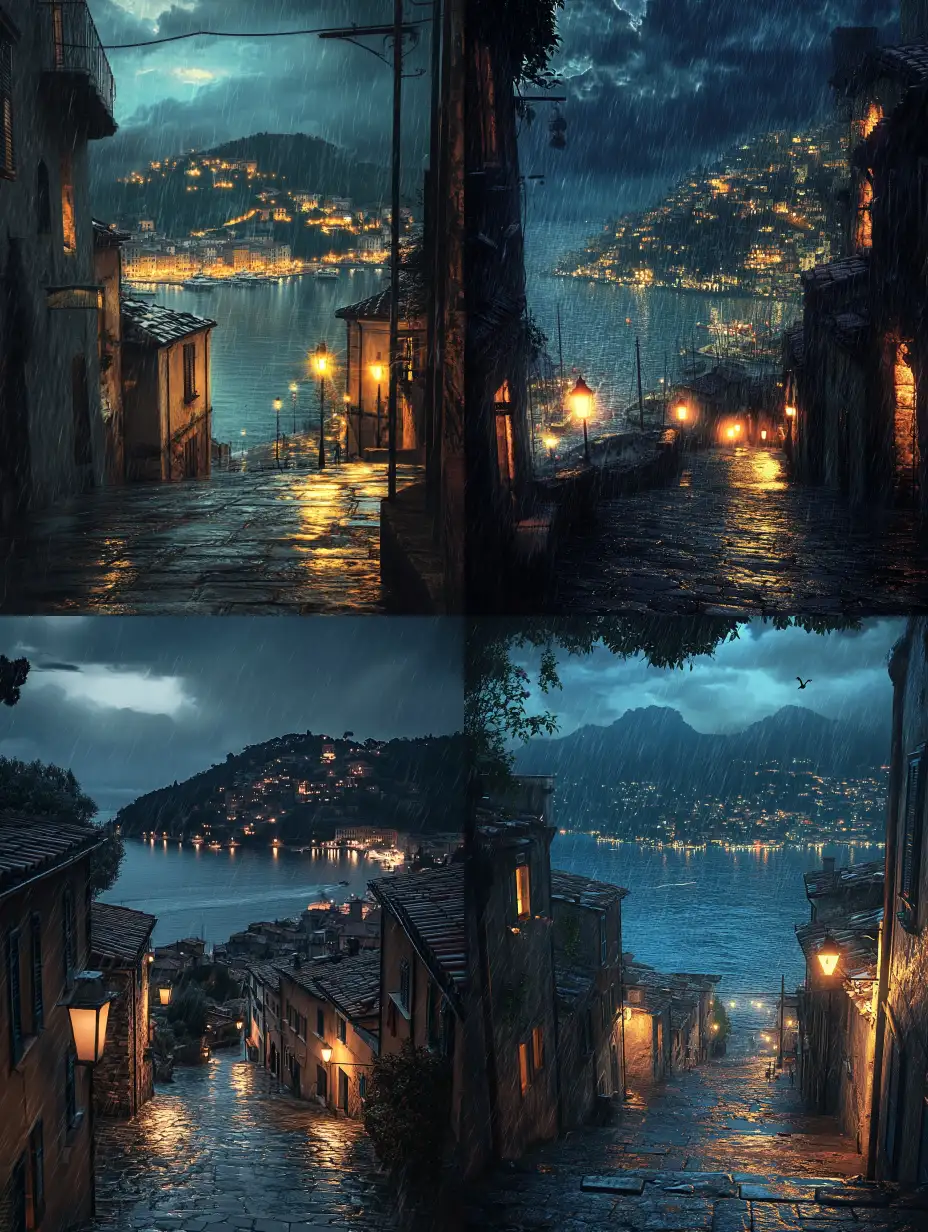 Dramatic-Italian-Coastal-Port-Under-Heavy-Rain-at-Night