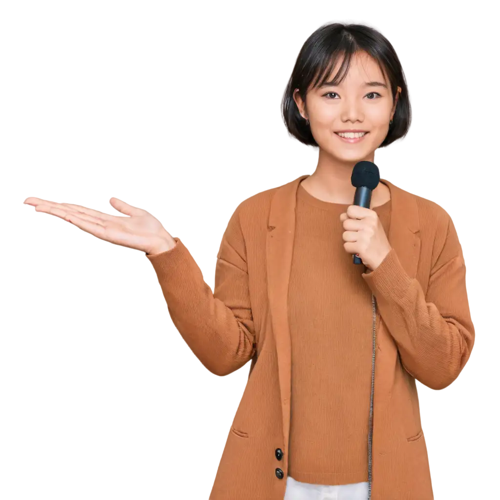 a cute short-haired female student in Taiwan holding a microphone giving a lecture