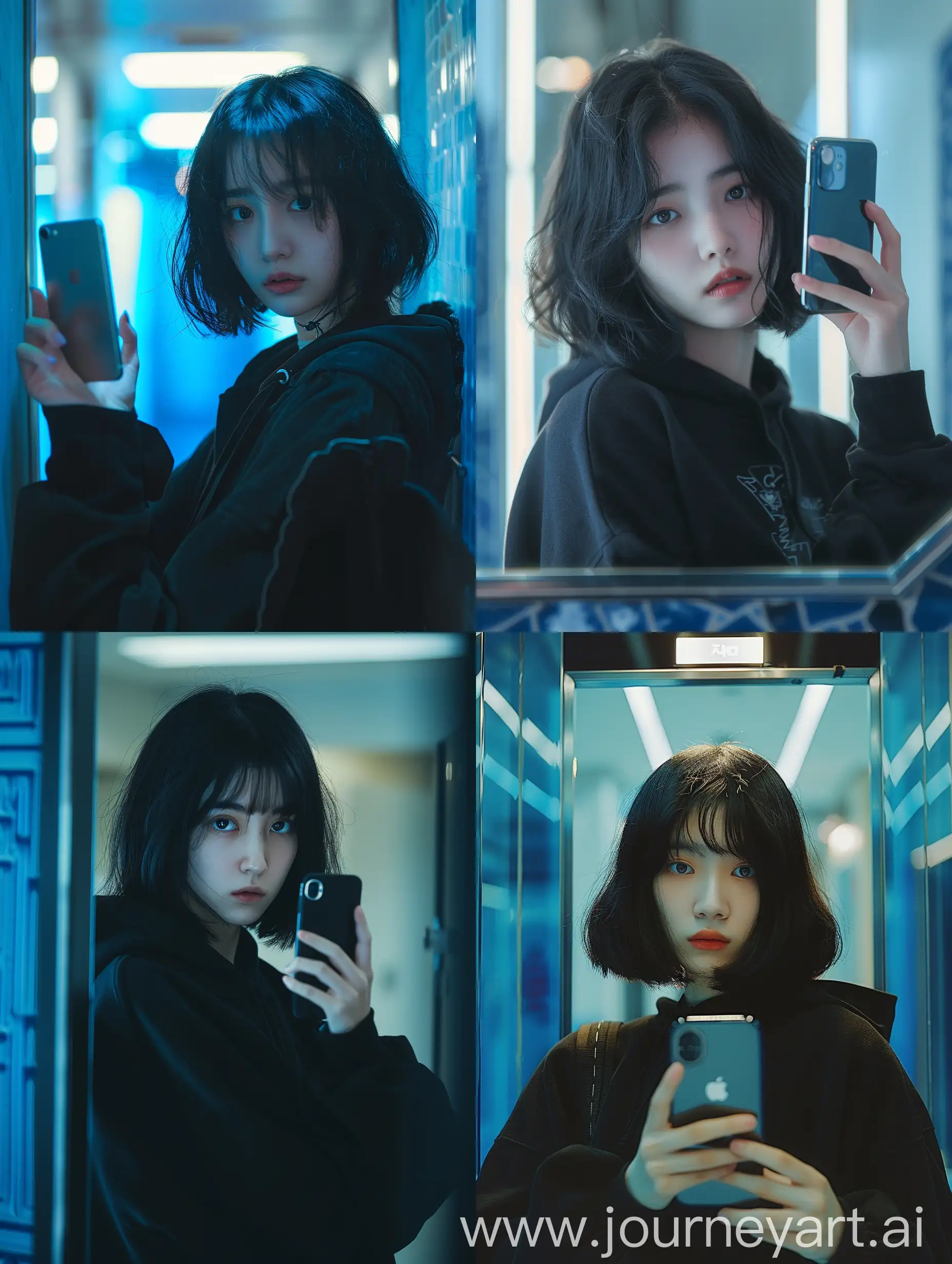 Young-Korean-Girl-Taking-Selfie-with-iPhone-in-Blue-Corridor