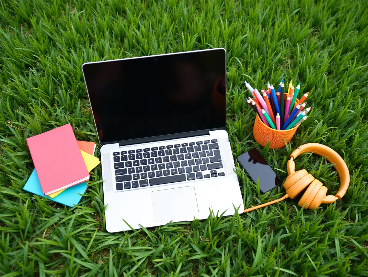 Colorful school supplies arranged with a laptop and headphones on a grass surface, perfect for back to school concepts