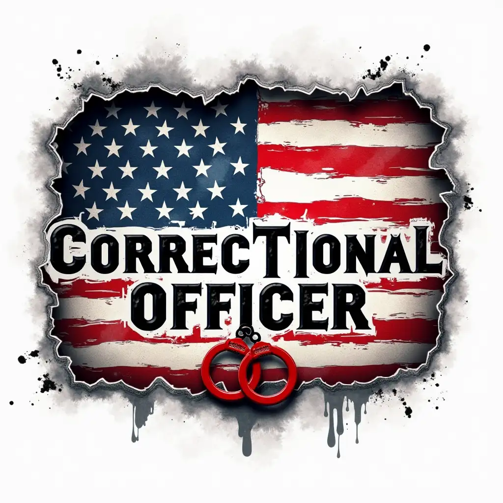 A bold, patriotic design featuring a distressed American flag with a rugged metal texture. The center showcases a black-and-white flag with the words 'Correctional Officer' in strong, bold letters. A red handcuff icon is incorporated into the design, symbolizing law enforcement. The background has a ripped metal effect, revealing the American flag beneath. Vector illustration, Watercolor art