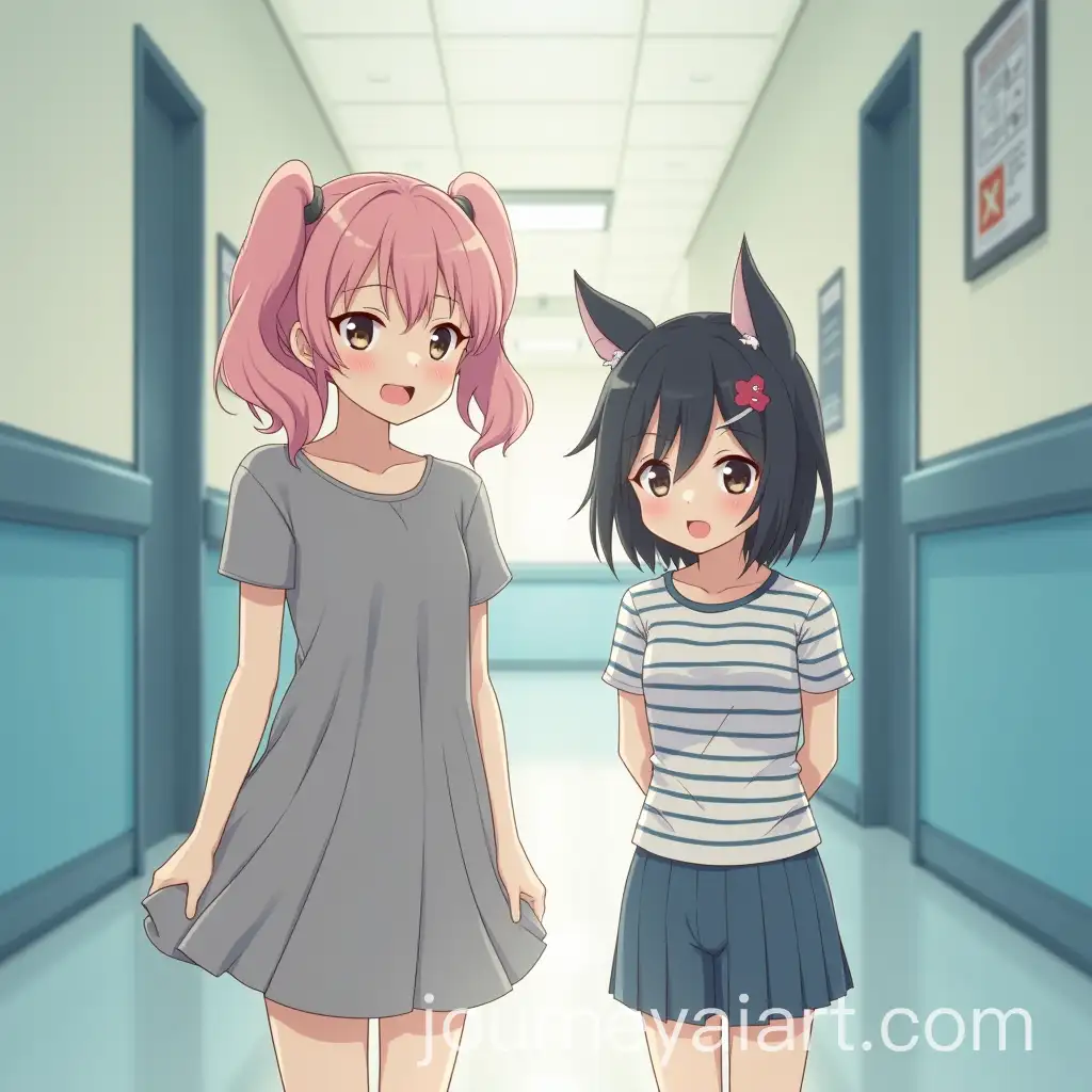 Two-Girls-in-Hospital-Hallway-with-Unique-Outfits-and-Dog-Ears