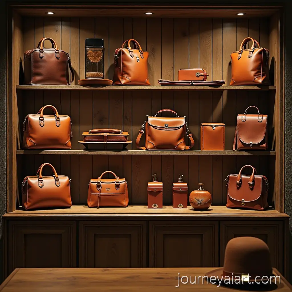 Elegant-VintageInspired-DisplayAI-Image-Prompt-Expansion-of-Handcrafted-Leather-Goods-on-Rustic-Wooden-Shelves