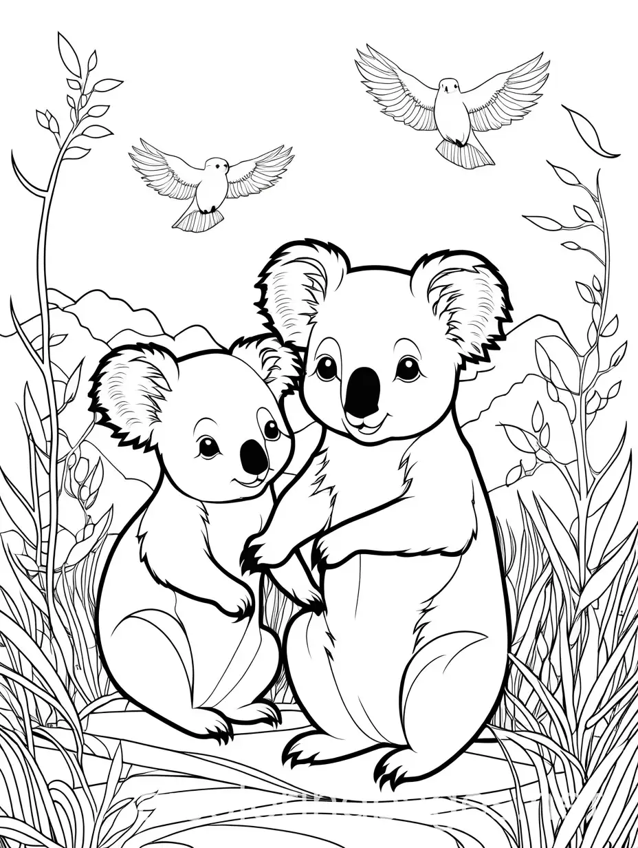 Koalas-and-Birds-on-the-Ground-Coloring-Page-for-Kids