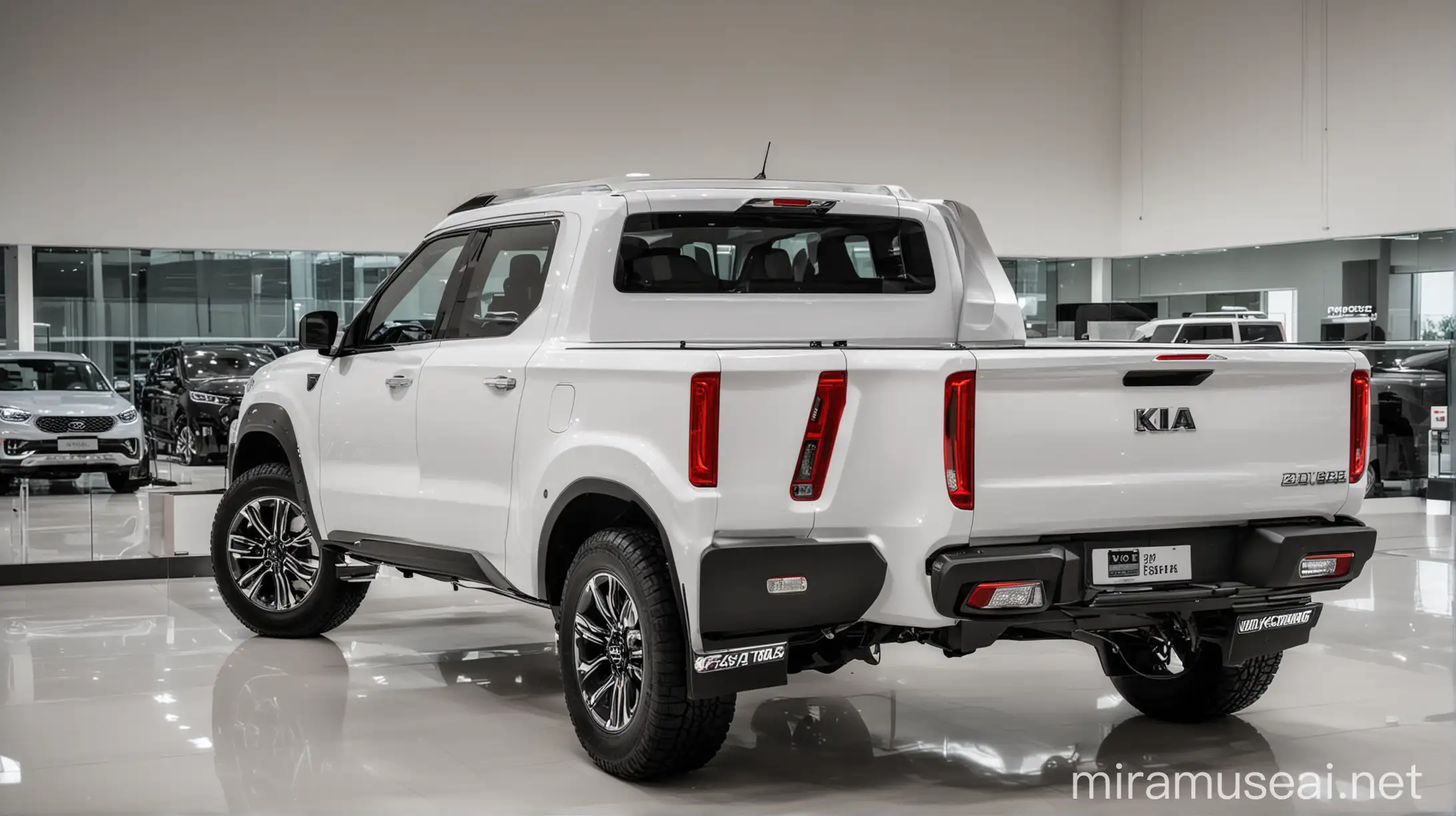 Luxury White 2025 Kia Tasman Pickup Truck in Showroom Setting