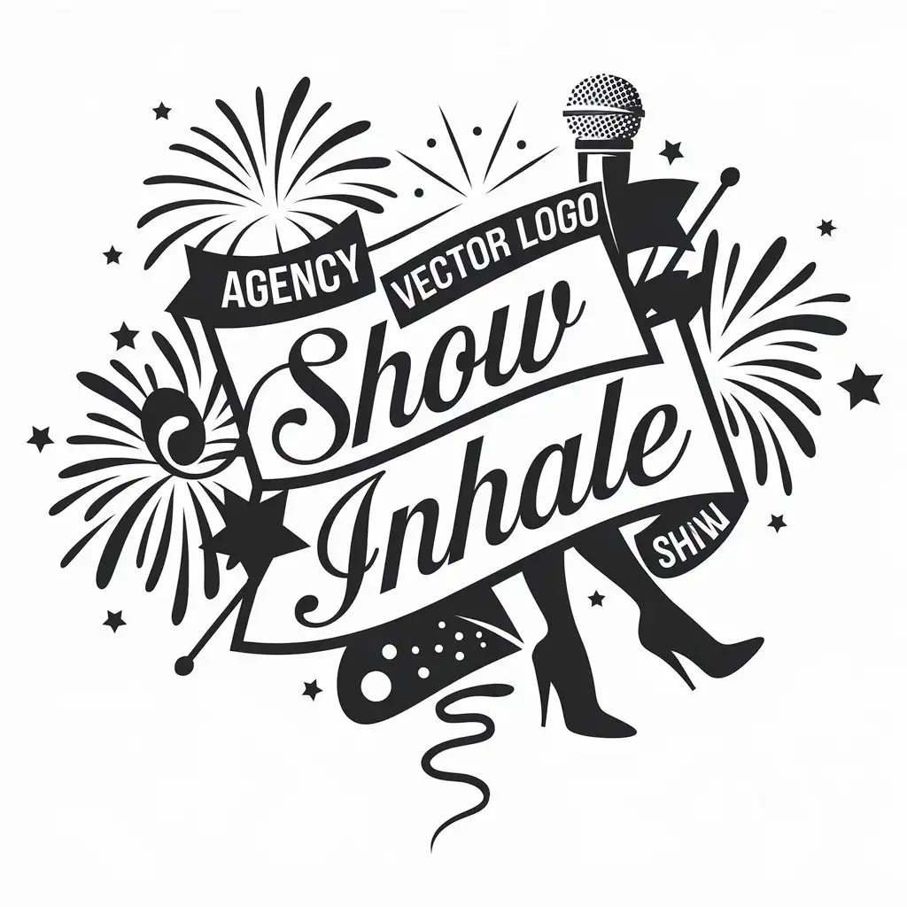 a vector logo design,with the text "show inhale", main symbol:Name of agency: Show InhalenLogo elements:nName 'Show Inhale'nWomen's legs (in pumps or high heels)nMicrophone (possibly near the legs or integrated into design)nAdditional elements: fireworks, stars, abstract patterns or twists for adding festiveness and inspiration.n,complex,be used in Beauty Spa industry,clear background