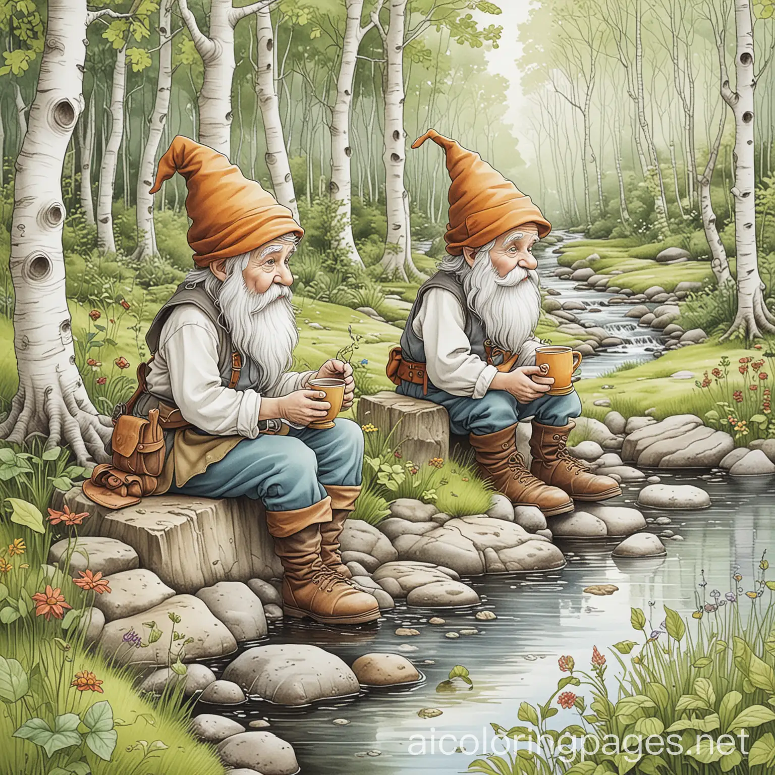 Two-Gnomes-Enjoying-Tea-by-a-Calm-Forest-Stream-Coloring-Page