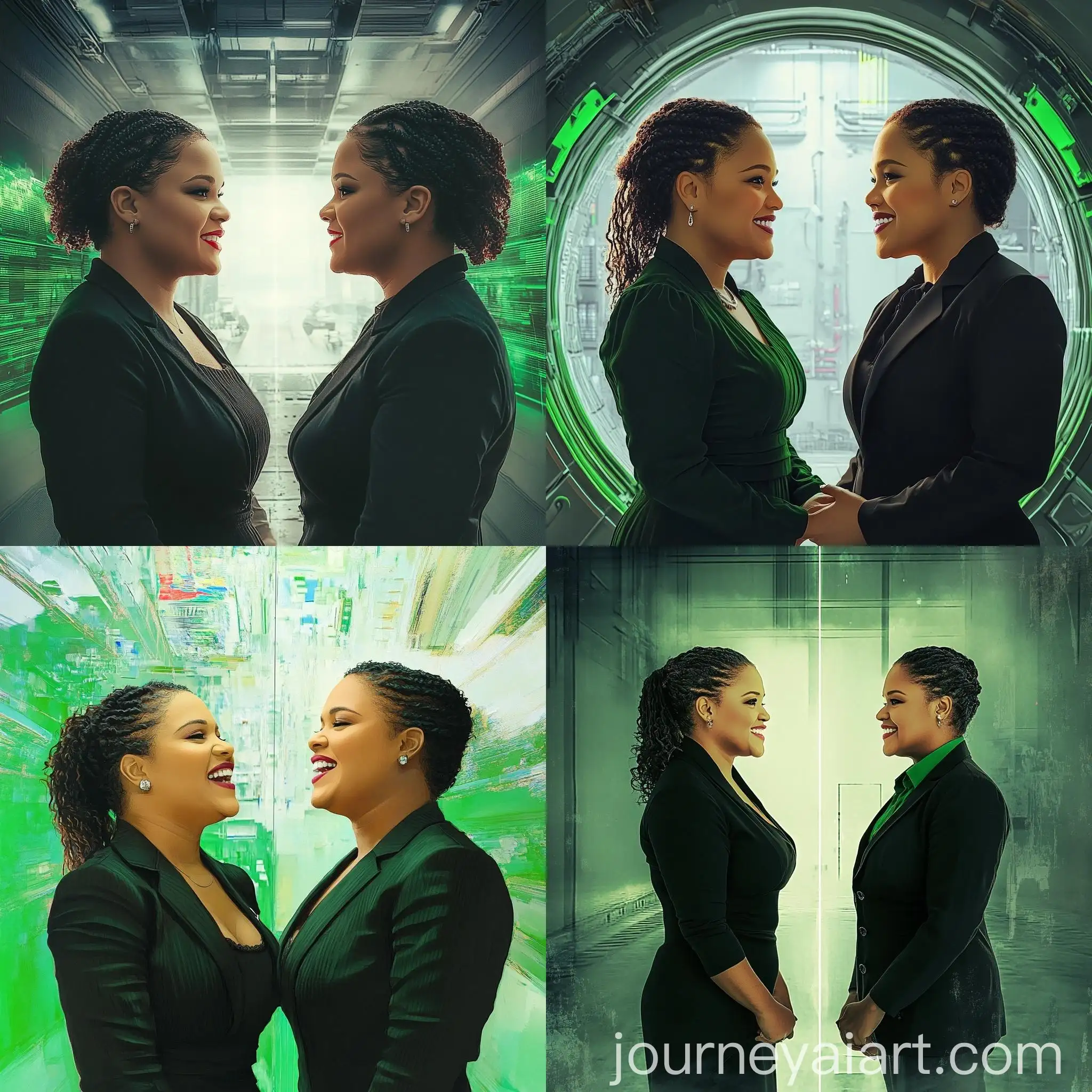Futuristic-Encounter-Woman-in-Dress-Meets-Business-Suit-Version-of-Herself