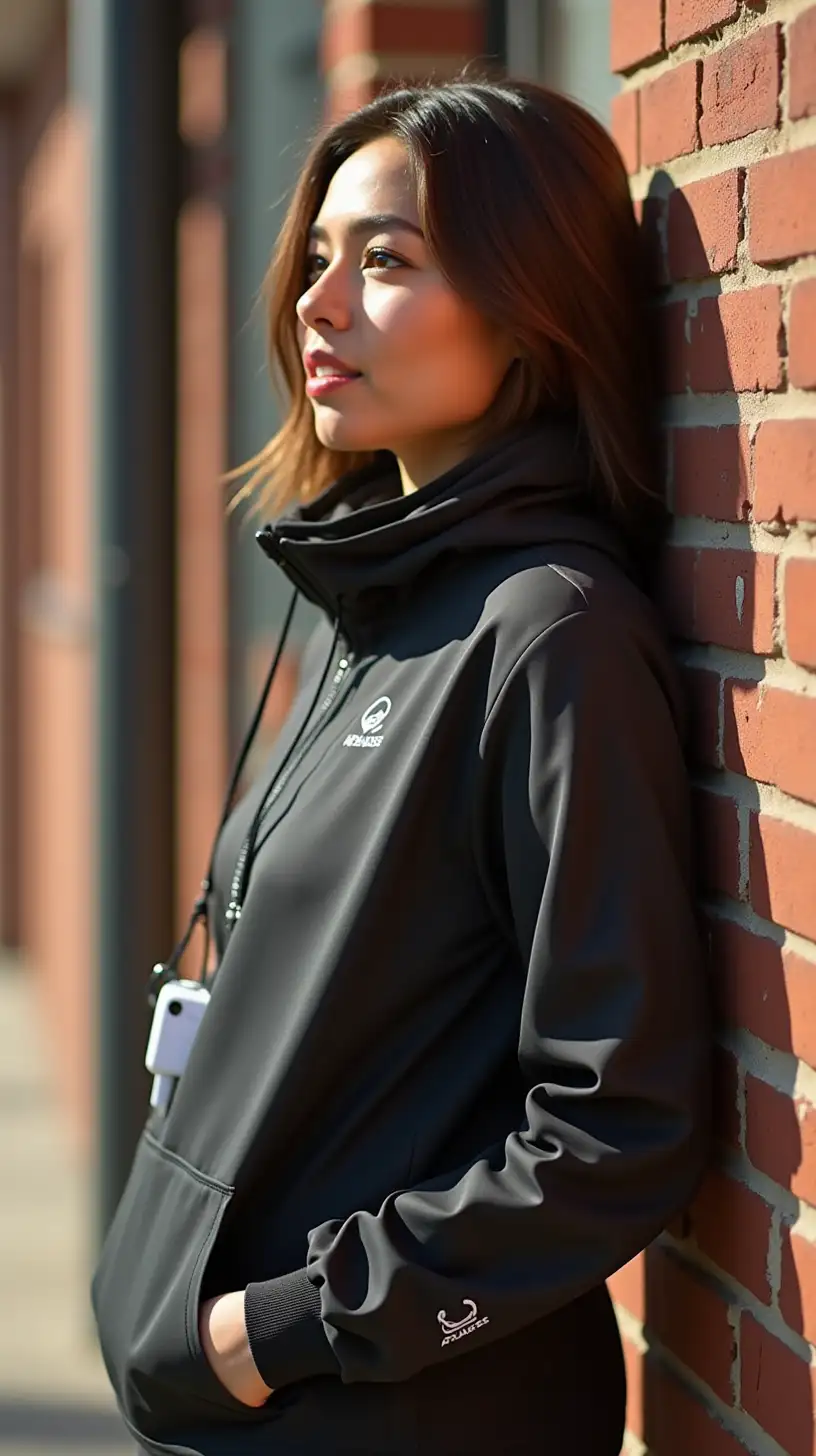 Athlesure Streetwear Woman Leaning Against Brick Wall with Personal Safety Alarm