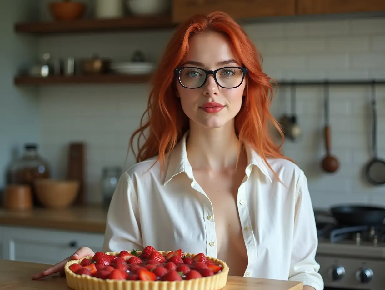 Attractive-Student-with-Venetian-Red-Hair-Baking-Strawberry-Tart-in-Modern-Kitchen