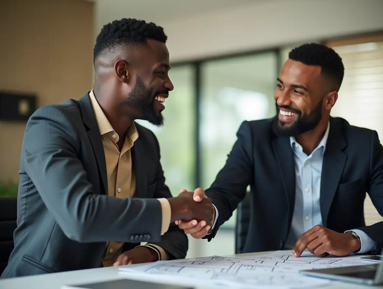 Realistic photo of a warm discussion between an African client and an African real estate expert. The client, an African black man in his thirties, smiles broadly and shakes the hand of the expert, a professional African man in a dark suit, also smiling. They are sitting at a table in a modern office, with house plans and a laptop in the background. The atmosphere is bright, friendly and professional, with a neutral color palette (gray, beige) and a touch of green to recall nature. High definition quality, natural style.