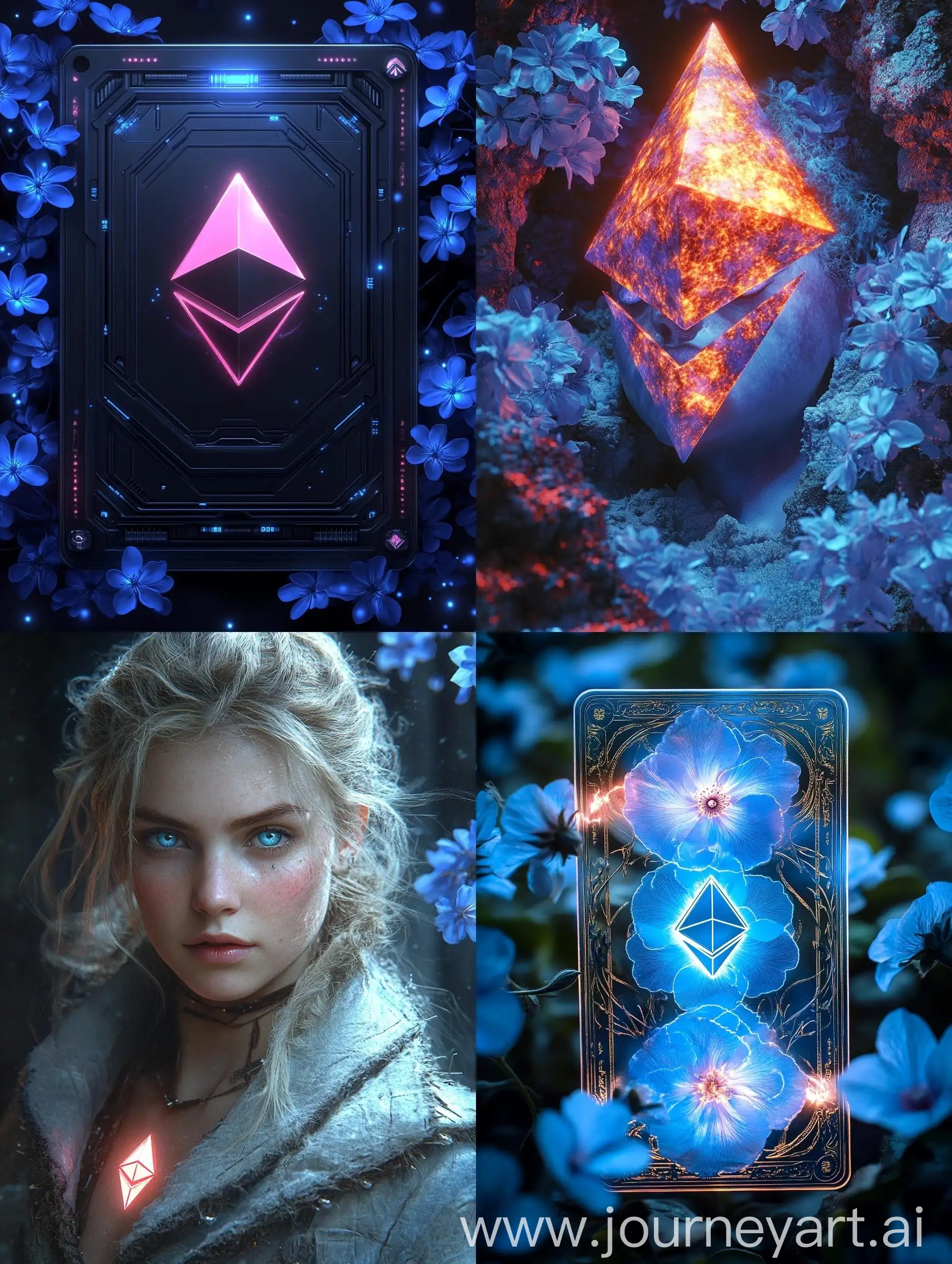 Cryptocurrencythemed-Ethereum-Cards-with-Neon-Electric-Background-and-Blooming-Blue-Flowers