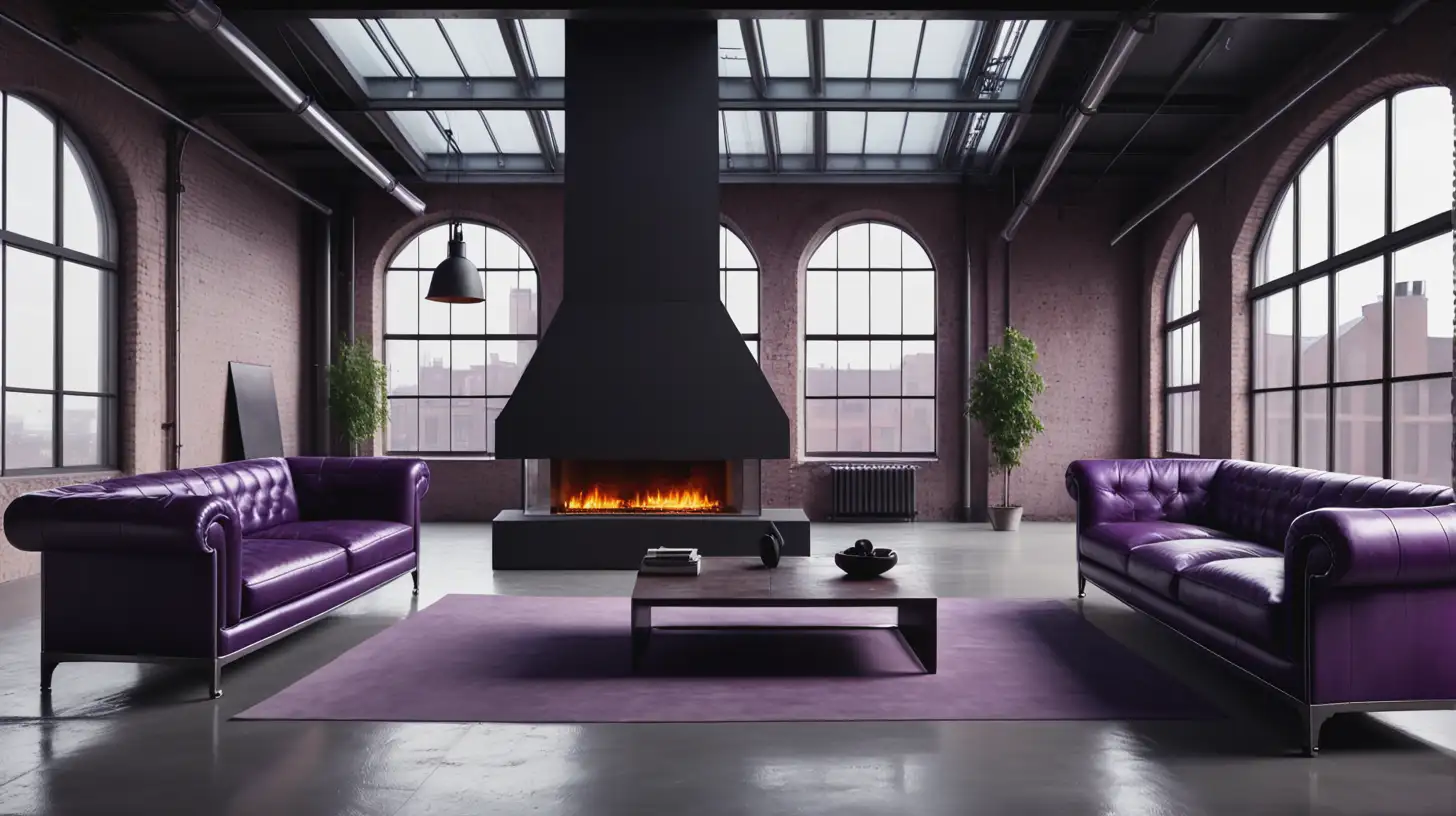 Luxury Loft Apartment with Purple Leather Furniture and Industrial Beams