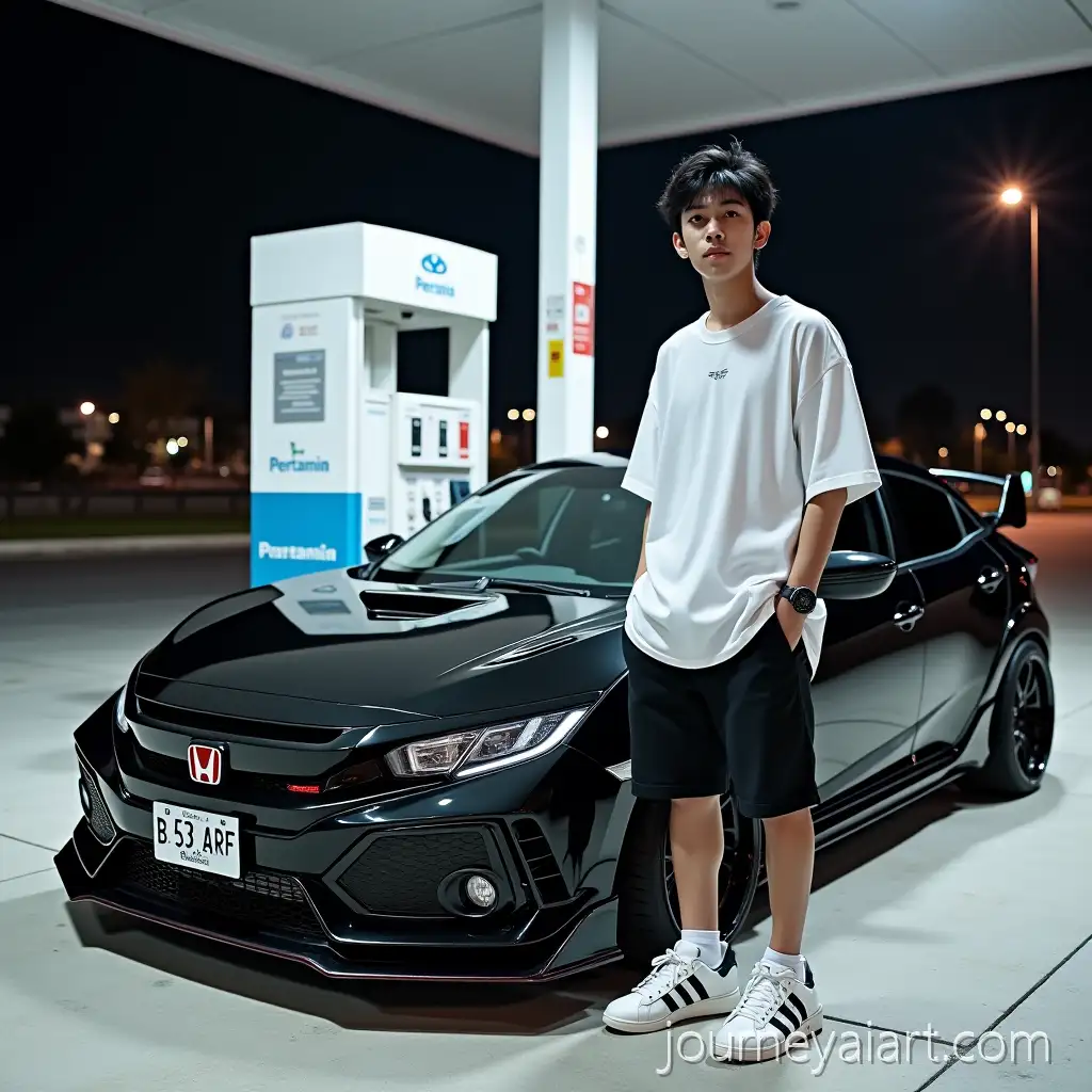 Young-Indonesian-Man-Standing-Next-to-Custom-Black-Honda-Civic-at-Night-Gas-Station