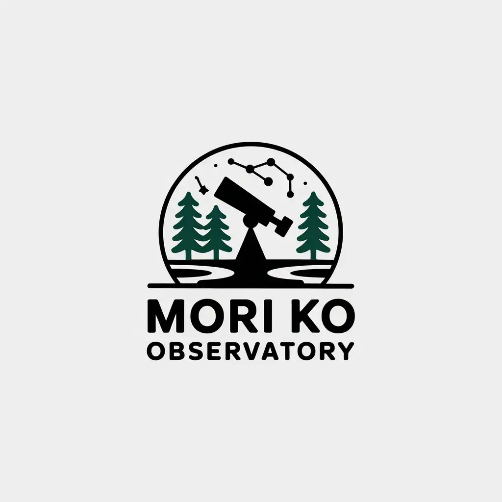 a vector logo design,with the text "Mori Ko Observatory", main symbol:as a background, three fir trees, three rivers, a telescope, and constellations as elements, design the logo for 'Sen Tuo Astronomical Observatory',Minimalistic,clear background