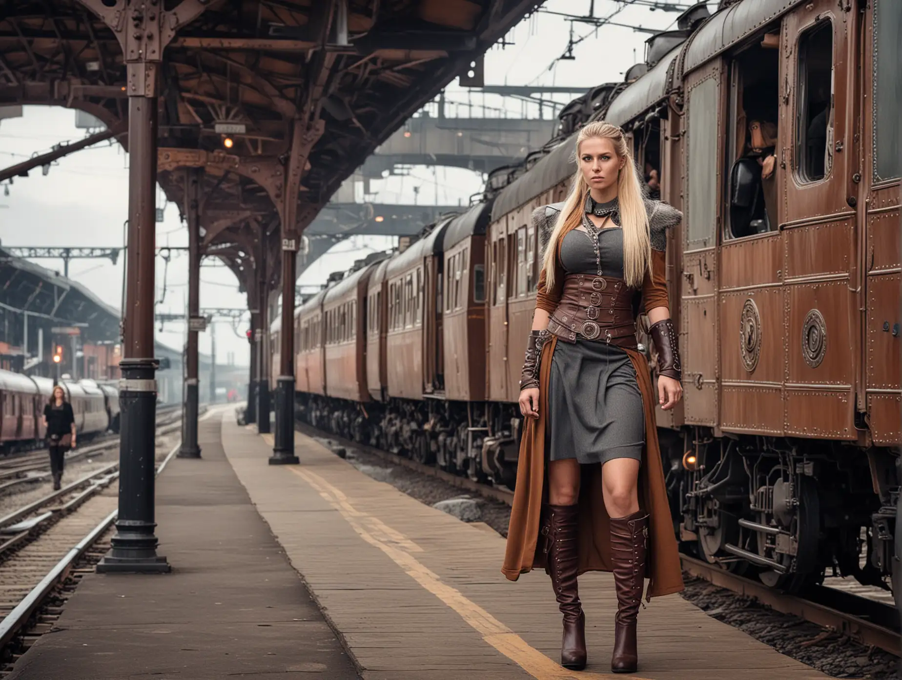 Epic Viking female at a steampunk train station