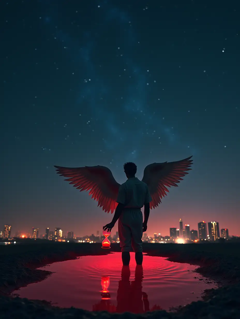 Night, stars. A man Angel with cut off wings stands in a red puddle. He holds sandglass in his hand. In the background, there is a megapolis and city lights