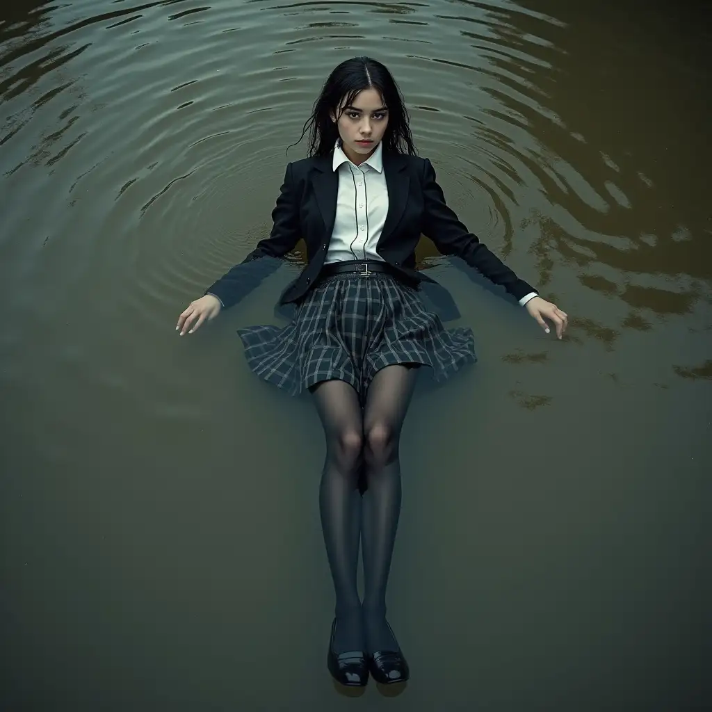 schoolgirl in school uniform, with skirt, jacket, blouse, dark tights, high-heeled shoes. Swims in a dirty pond, immersed in water, underwater, lies completely in the water, fully wet clothes, no dry spots on clothes, wet clothes stick to body