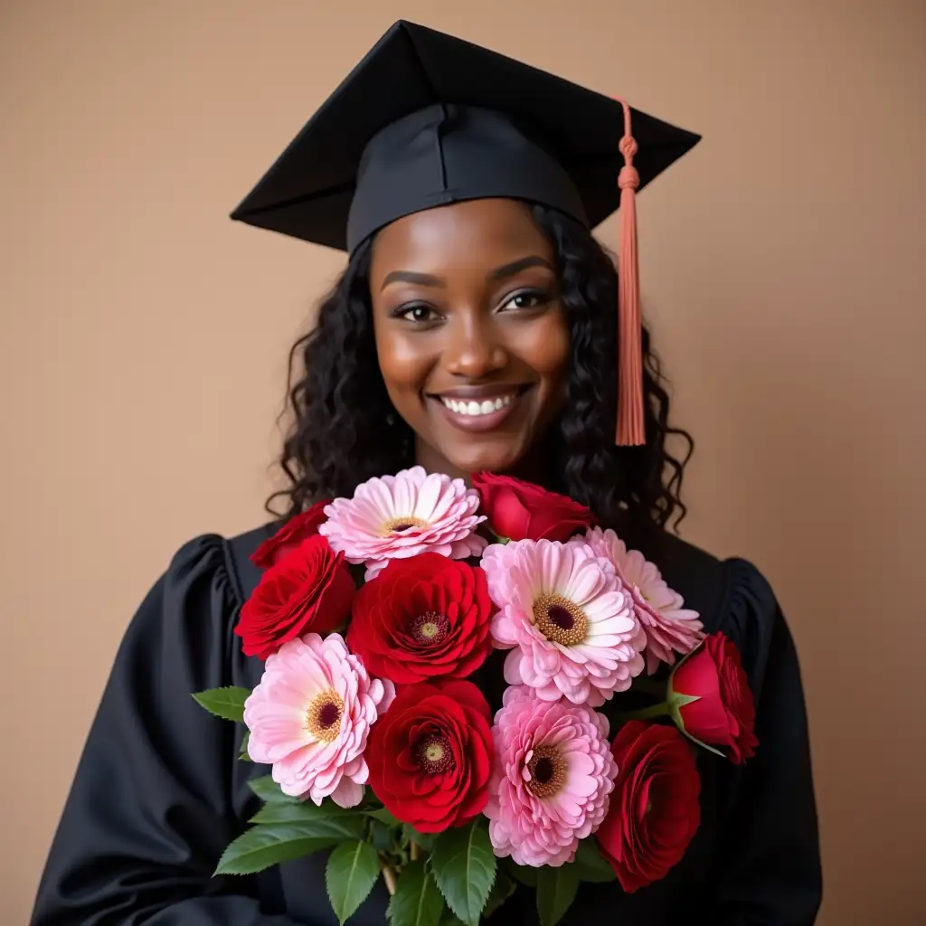 an african graduate holding a pink and red flower bouquet