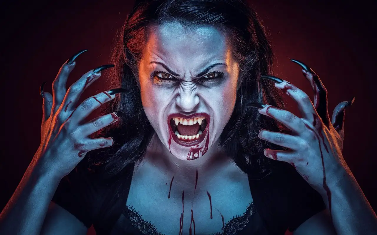 A creepy woman with a fierce, enraged countenance, her dark hair cascading around her light complexion. Her eyes burn with an otherworldly intensity, reflecting the crimson hue of the dramatic backdrop. Her mouth is agape, revealing a set of gleaming sharp big teeth fangs that appear ready to strike. Blood, a gruesome testament to her vampiric nature, smears her full lips and stains her chin, painting a macabre picture of a recent feeding frenzy. Her attire is a blend of elegance and menace, a black top adorned with intricate lace detailing that contrasts with the chaos of her crimson-splattered form. Her nails are elongated and jet-black, curving into deadly talons that complement the bloodstained claws that are her hands. Her  build lends a sense of power to her dynamic pose; she stands slightly off-center in the mid-frame, her body leaning forward with hands raised as if to unleash an unseen horror upon the viewer. The deep red backdrop, akin to a stage curtain drawn back for a theatrical reveal, amplifies the gothic grandeur of the scene. Strategic lighting casts sharp shadows that dance around her, highlighting the gore on her skin and the malicious gleam in her eyes. The portrait exudes a palpable sense of horror and aggression, capturing the essence of a creature of the night in a moment of unbridled rage. The theatrical style of the image is a masterful blend of the macabre and the visceral, a haunting embodiment of the vampire mythos tailored for those with a penchant for the dark and dramatic.