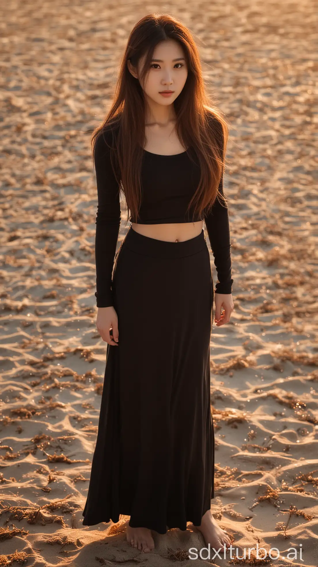 Chinese-Woman-in-Amber-Winter-Twilight-on-Beach