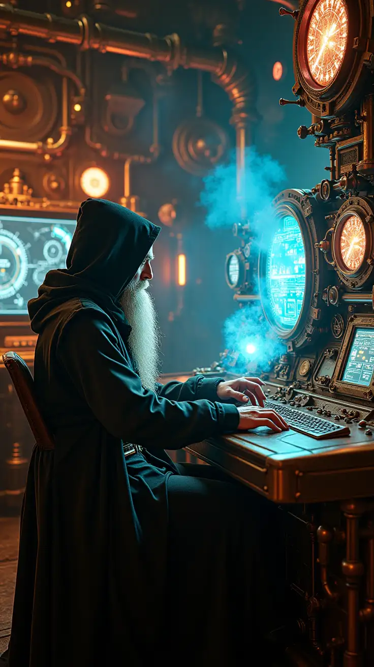 Futuristic-Wizard-in-Steampunk-Control-Room-with-Holographic-Technology-and-Steam