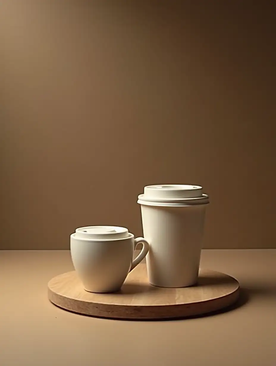 A two near by front an back plastic coffee cup  put on circular wood thing with solid background no any object surrounding from diagonal angle a light on it