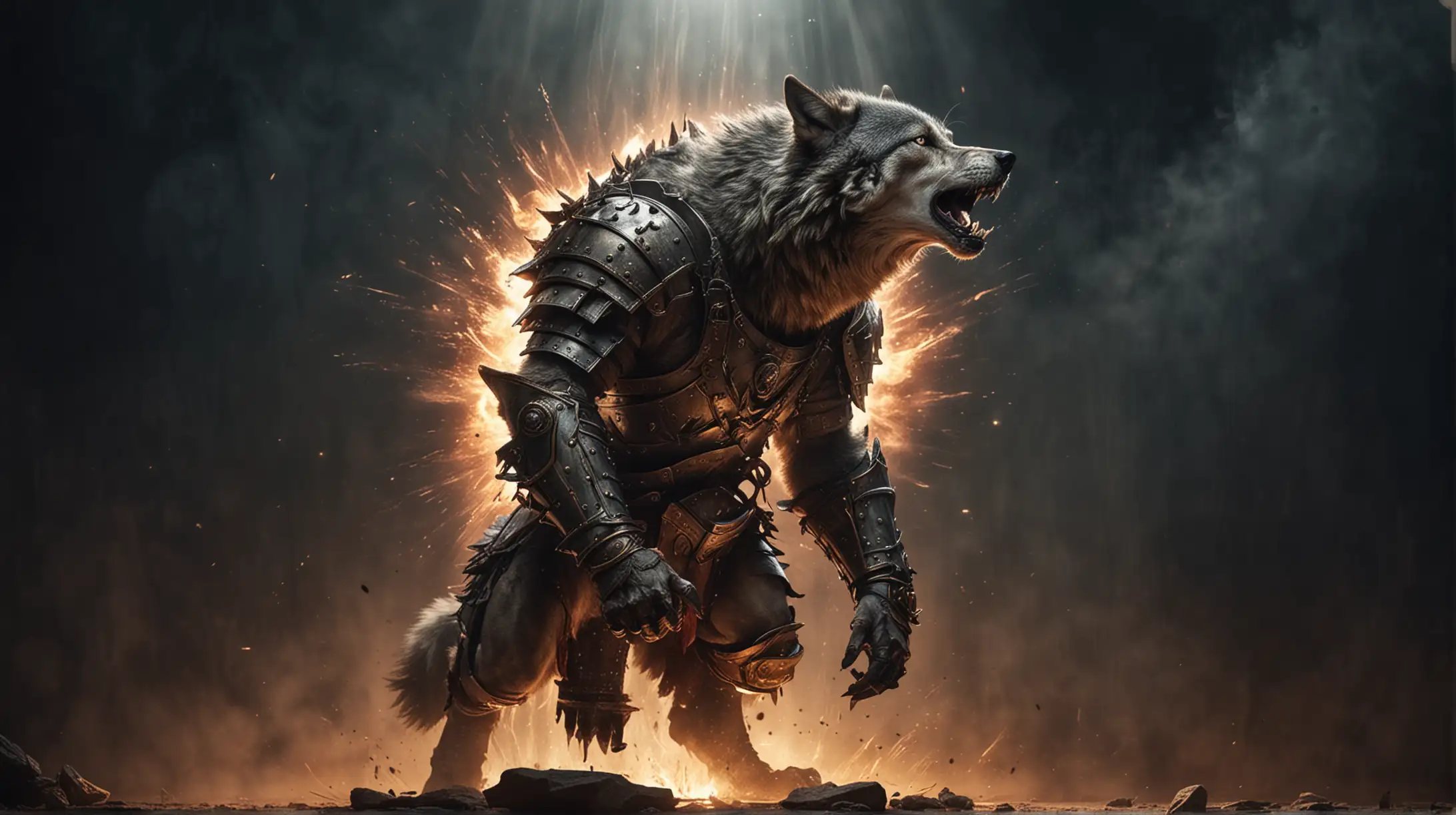 Wolf Warrior in Medieval Armor Emitting Glowing Beam