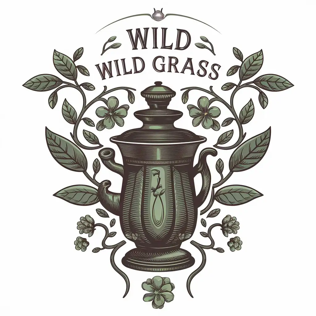 LOGO Design for Wild Grass Vector Logo Featuring Tea Leaf Herbal Tea and Samovar Flower Theme