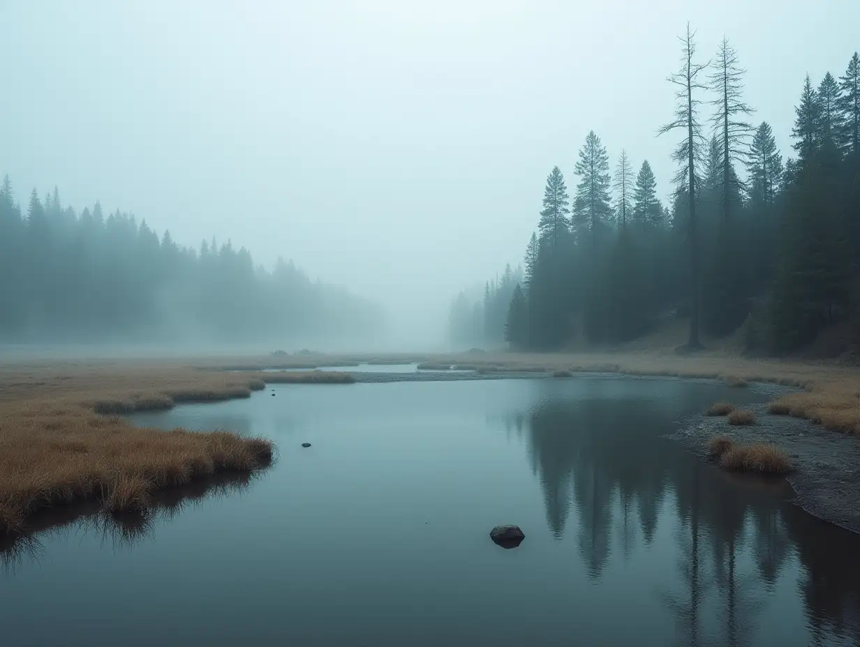 Foggy-Yellowstone-Landscape-with-Trees-and-Water