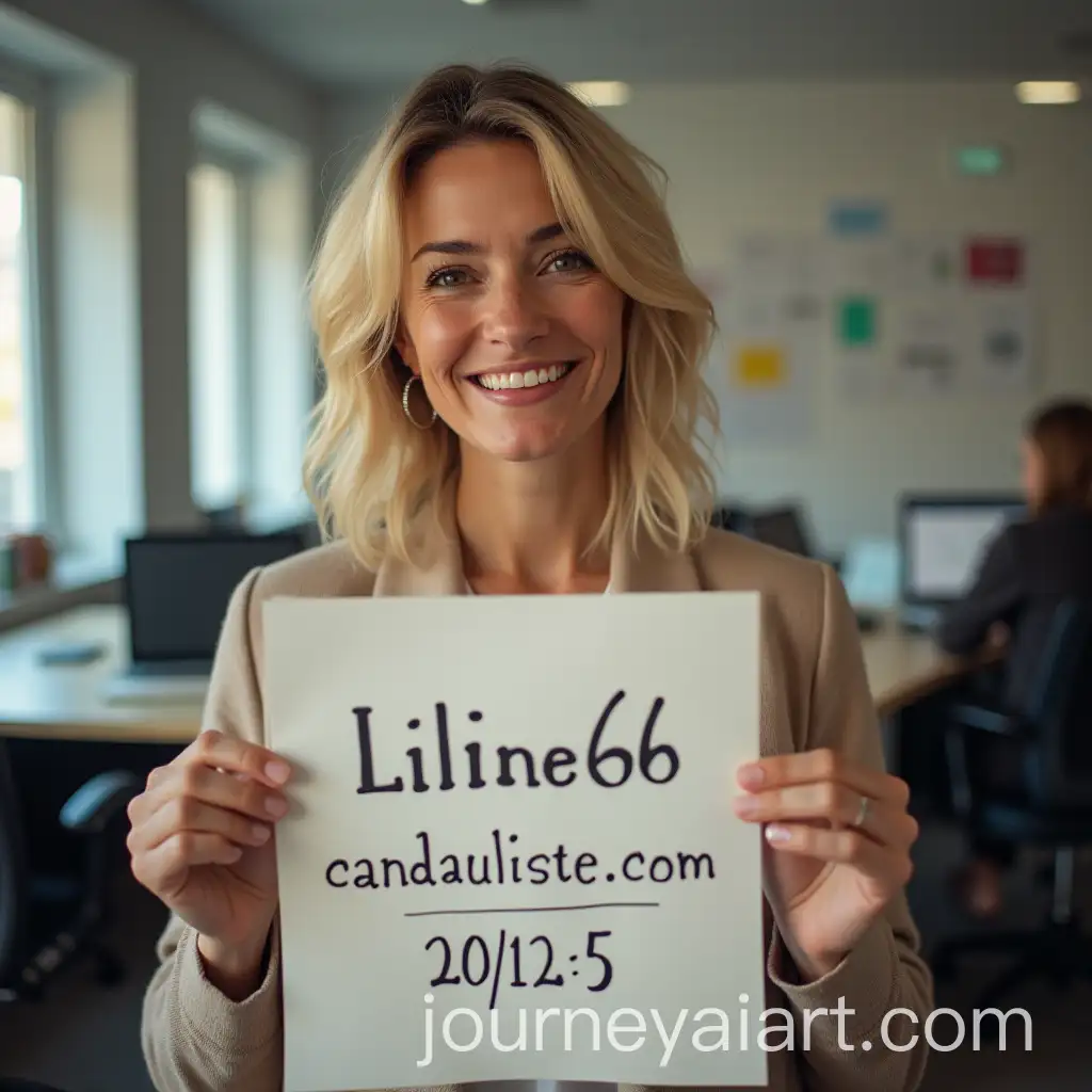 MiddleAged-Woman-in-Office-Holding-Handwritten-Paper-with-Website-Name