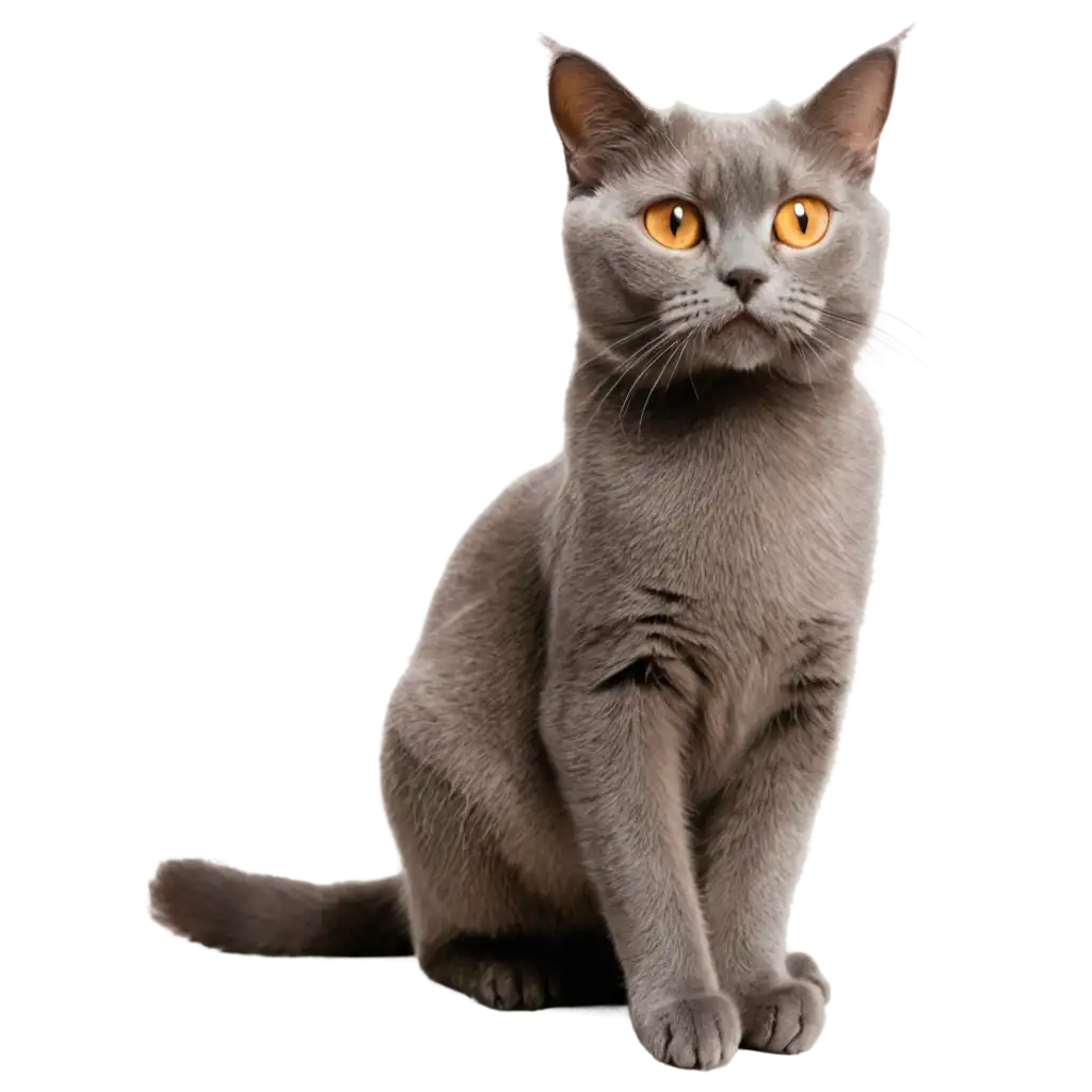 A grey British cat, with amber eyes, sits