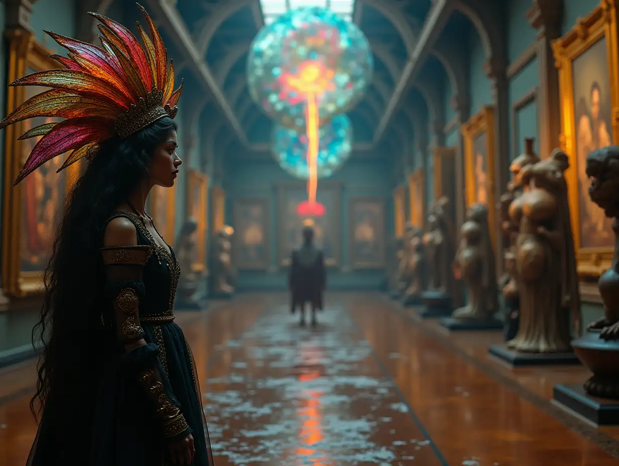 realistic image of a woman with an extravagant Inca god’s head and gothic dress , she looks at a multicolored and luminous water spot floating in the air, in a museum with statues of monsters and paintings , wet ground , fantastic and grotesque , seen from afar