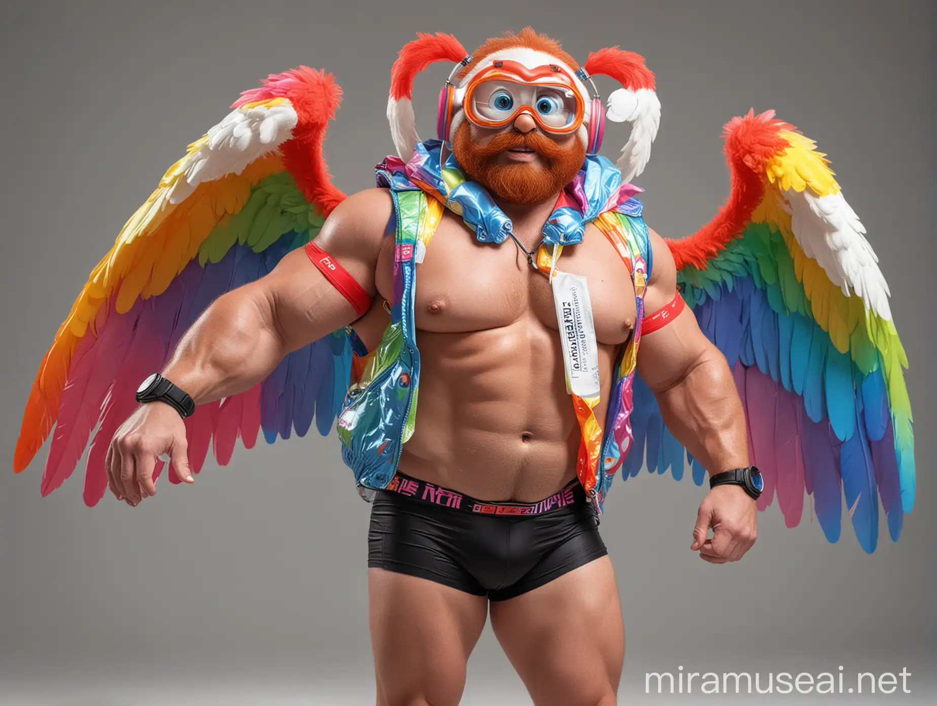 Colorful Bodybuilder Daddy Flexing with Rainbow Eagle Wings and Doraemon Goggles