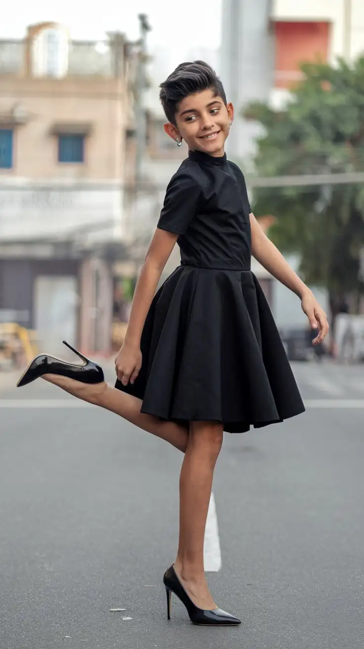 little young indian boy wear black skater dress and black high heels and staying on street and stretches one foot backward and smiling and earrings