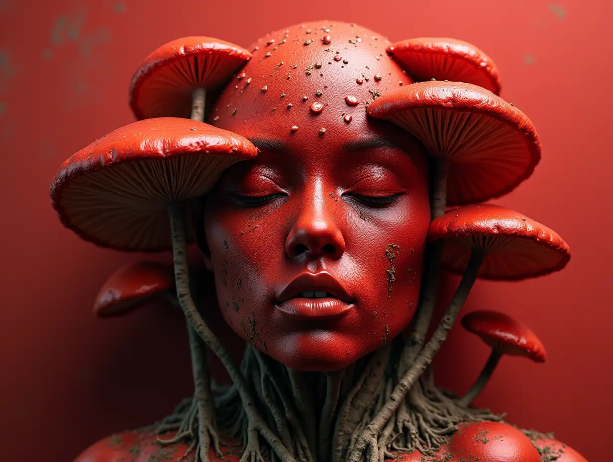 Face transformed into red and mushroom roots in building