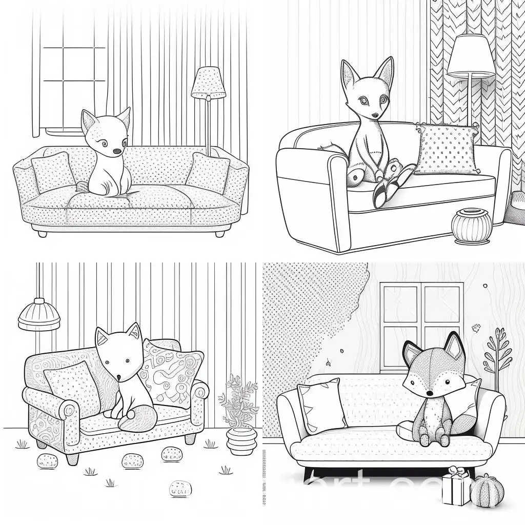 Simple-Cartoon-Fox-Coloring-Page-for-Kids-Cozy-Room-Isometric-Sketchup