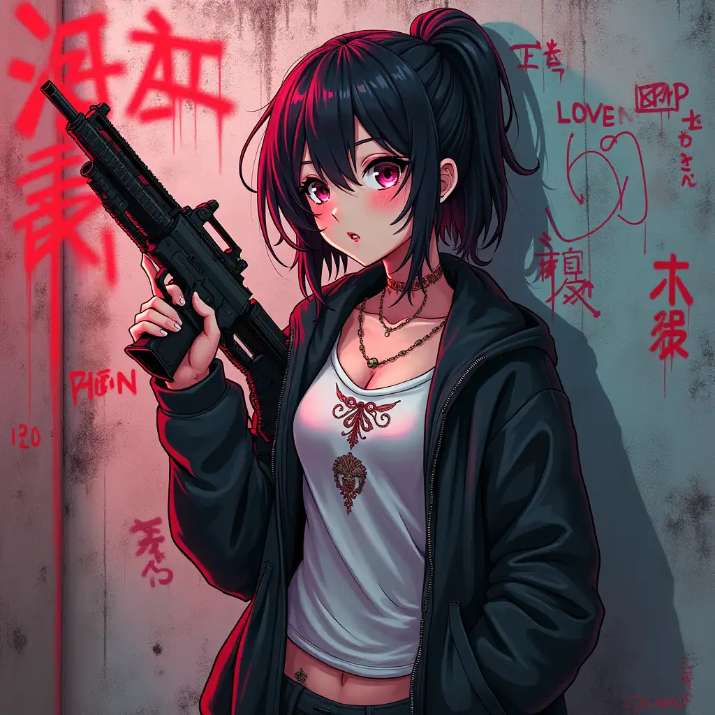 gun, anime, wall, graffiti, tattoo, cyberpunk, anime girl (photo, picture)