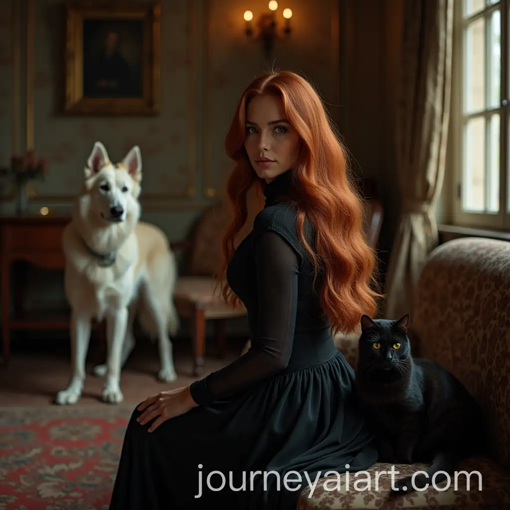 Slim-Witch-with-Chestnut-Hair-in-Luxurious-Room-with-White-Shepherd-and-Black-Cat