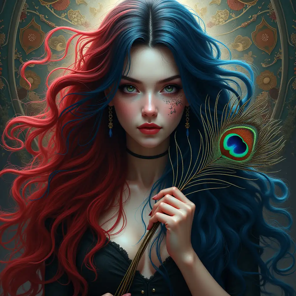 Hyperrealistic full body portrait of a stunningly beautiful black and white woman with red and blue long hair holding a peacock feather in front of a detailed, colorful and futuristic background.