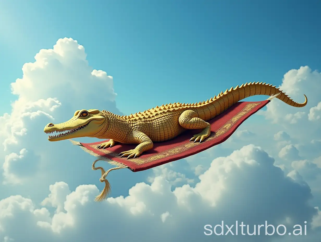 Golden crocodile on a flying carpet with Blue Sky and Clouds