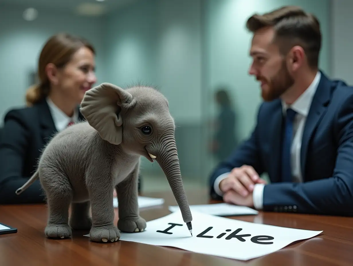 20 inch tall midget elephant, using his trunk to hold a pen and write 'I like you' on a piece of paper. in a futuristic office, in front of an expensively dressed man and woman.
