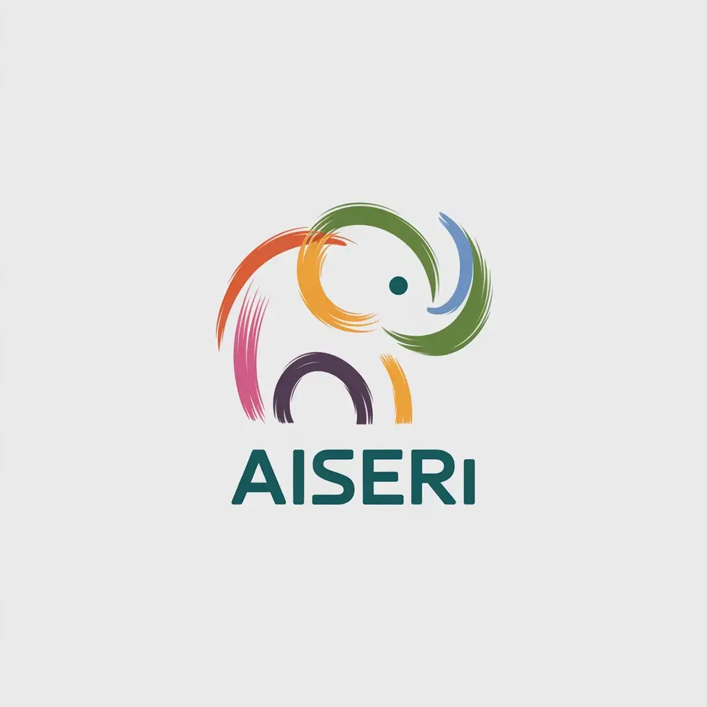 a vector logo design,with the text "Aiseri", main symbol:Minimalistic abstract elephant, put together with colorful pen strokes,Moderate,be used in Education industry,clear background