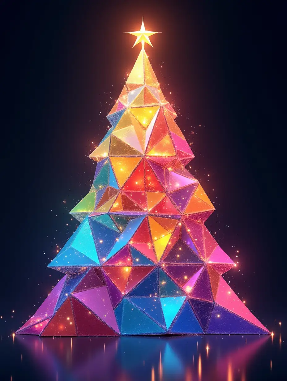 An abstract, colorful mosaic of geometric patterns with a vibrant display of rainbow hues and gradients as Christmas Tree shape, bright, glowing, sparkle, uhd, 128k