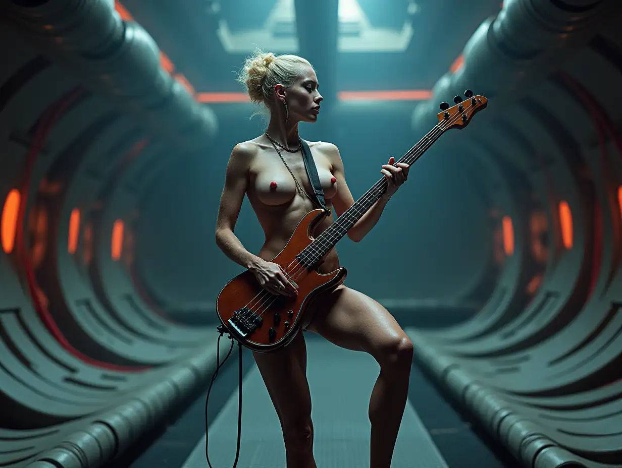 Slim-Model-Playing-Double-Bass-on-a-Futuristic-Alien-Spaceship