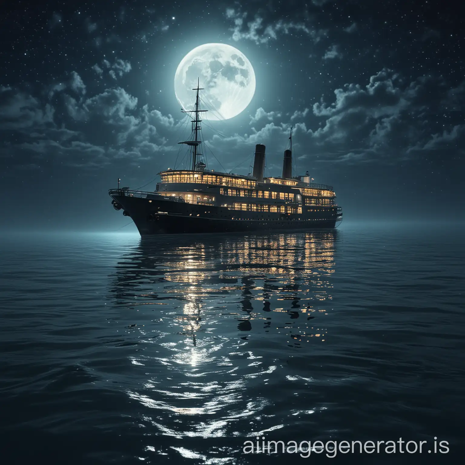 moonlight cruise ship in the deep sea and sea horse floating in water